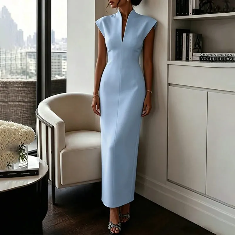 Solid Temperament Dress Women Sleeveless Slim V Neck High Waist Vestidos Elegant Formal Party Outfit Chic 2026 New Arrivals