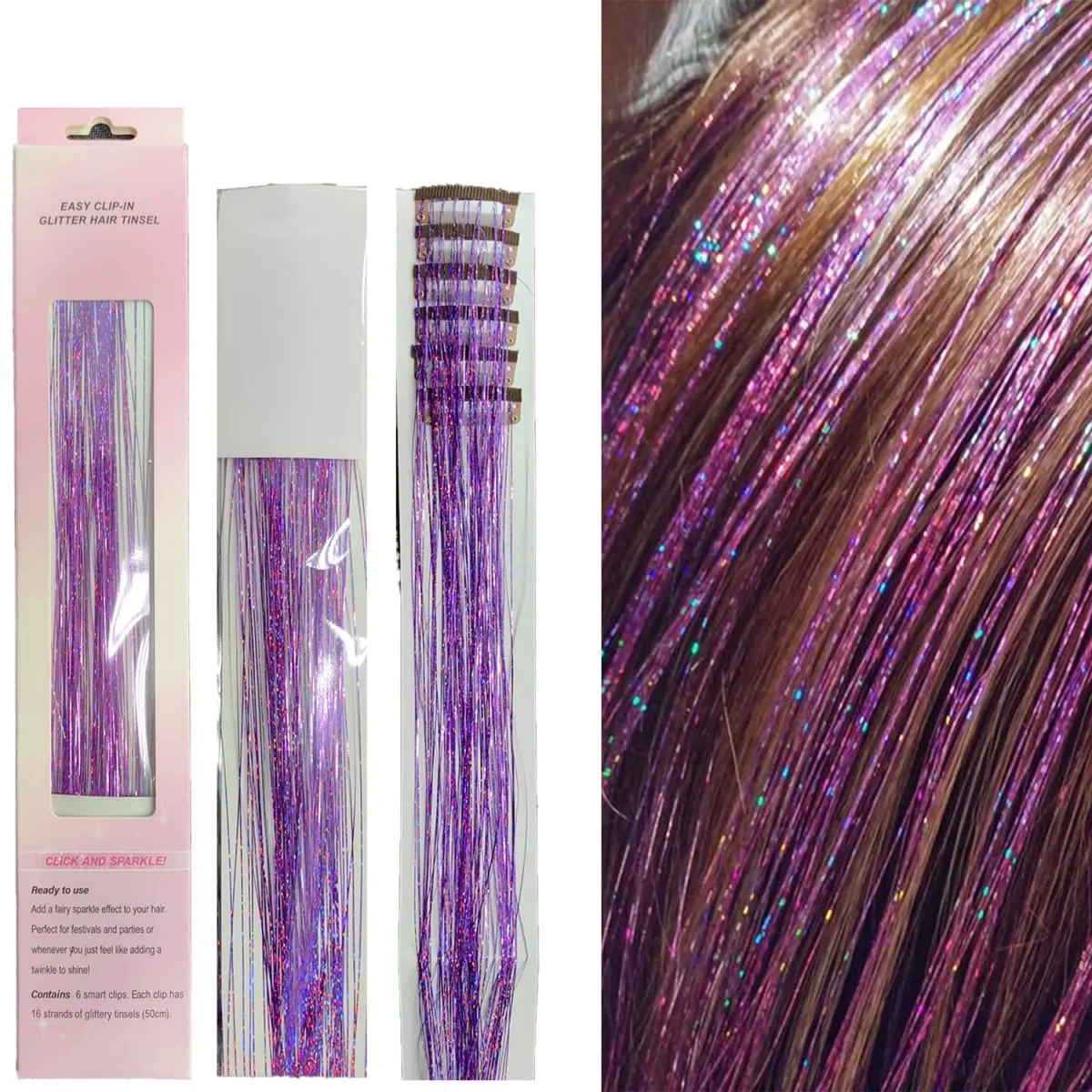 12PCs Clip in Hair Synthetic Tinsel Kit Holographic Hair Tinsel Shining Gold Professional Sparkle Heat-Resistant Silk Extensions