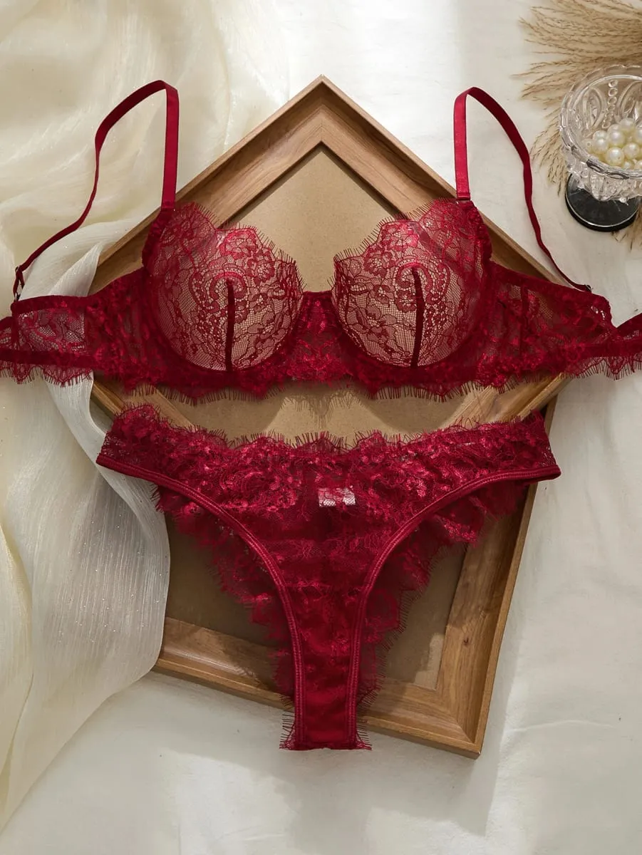 2pcs Ladies' Basic Style Thin Lace Bra And Panty Set Comfortable Seamless Single Layer Romantic Transparent Intimate Apparel — image 9