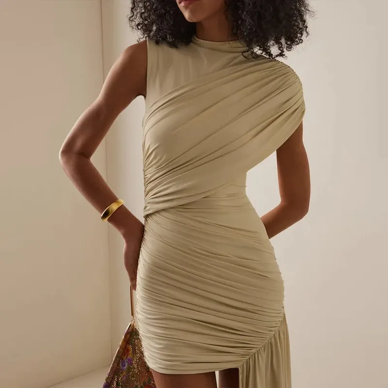 Women Fashion Irregular Pleated Tassels Mini Dress Elegant Chic Hem Dress Slim High Waist Vestido 2025streeet Party Club Dresses
