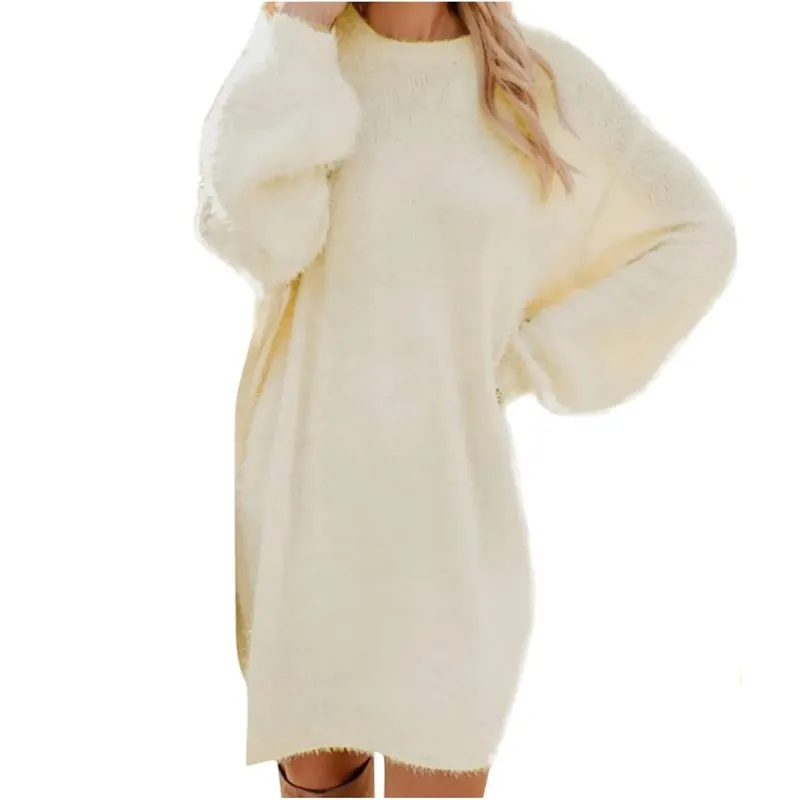 Damski sweter zimowy dzianinowy okrągły dekolt ciepły, długi rękaw O-Neck Casual bluzy sukienka jednolity kolor ponadgabarytowy podstawowy materiał damski
