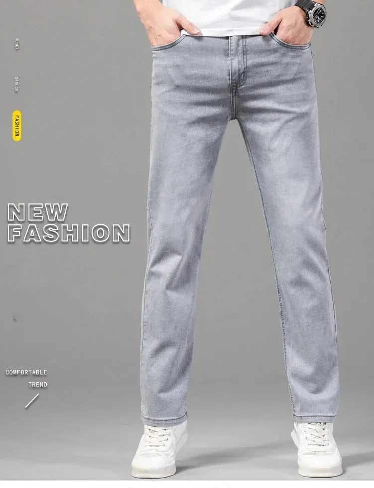 Sommarmärke Herr passform Rak lättvikts stretchjeans i bomull Business Casual Hög midja Tunna ljusgrå jeans herrbyxor