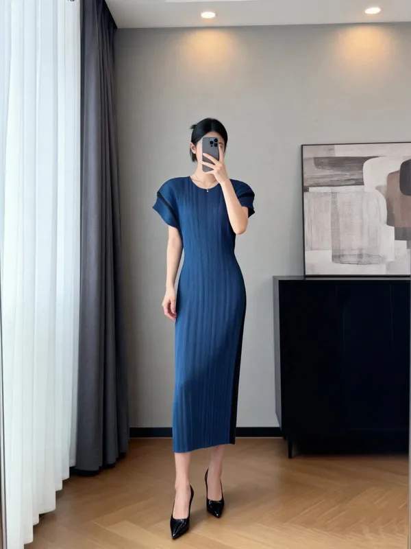 Miyake Stretch Pleated Slim Long Dress for Women Round Neck Short Sleeve Elegant Bodycon Midi Party Casual Dresses