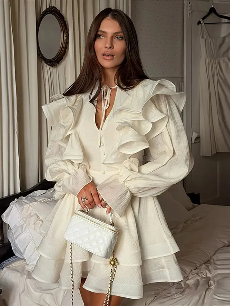 Women Solid Color Ruffle Tiered Mini Dress Long Sleeve V Neck Chiffon Fashion Dresses 2026 Summer Elegant Lady Party Chic Outfit