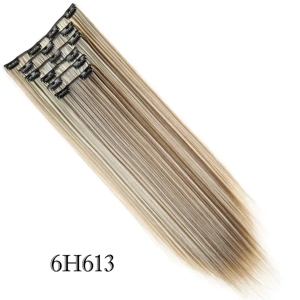 6Pcs/Set Clip In Hair Extension Synthetic Highlights Blonde Long Straight Hairpiece Full Head Thick Hairpieces for Women Girls