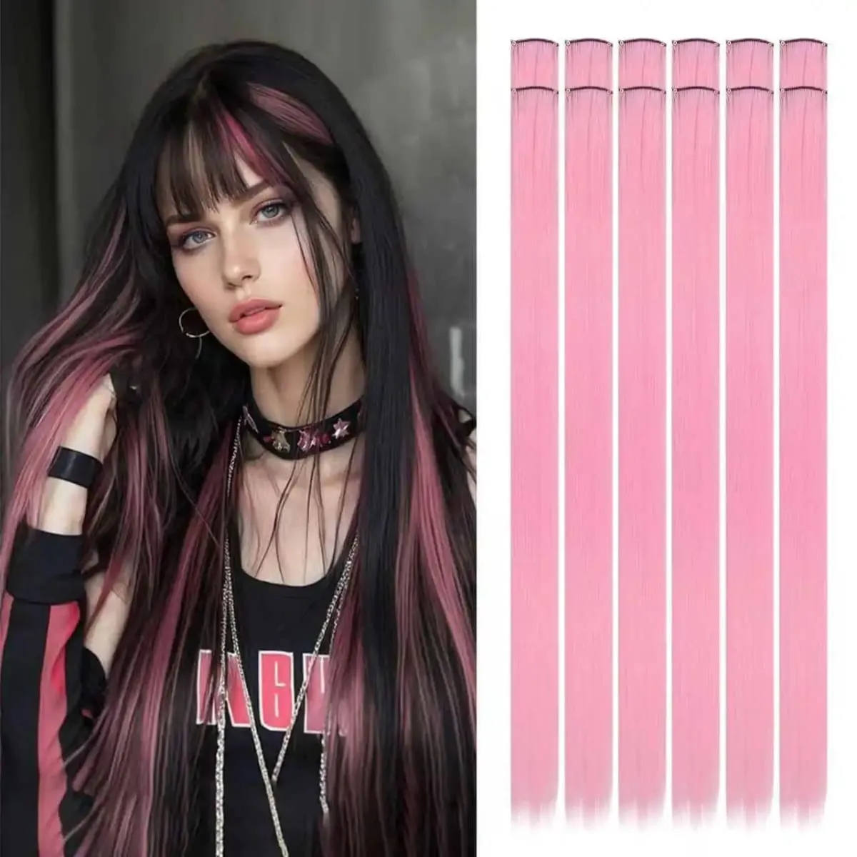 22 inch Colored Hair Extensions Straight Hairpiece Colorful Hair Extensions Party Highlights Clip in Long Synthetic Hair Extens