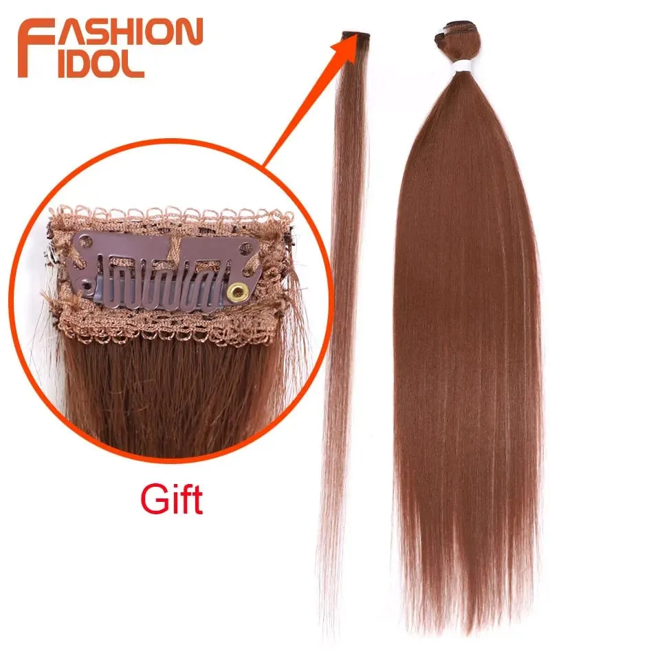 30inch/75cm Yaki Straight Hair Synthetic Hair Bundles High Temperature Fiber Brown Gift Clip in Fake Hair Extension
