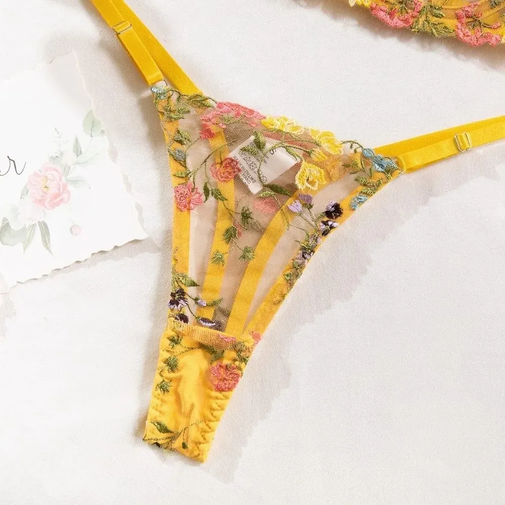 Sheer Intimates Transparent Lingerie Set Push Up Elegant Panties Bra Set Ultra-thin Embroidery Floral Underwear Women