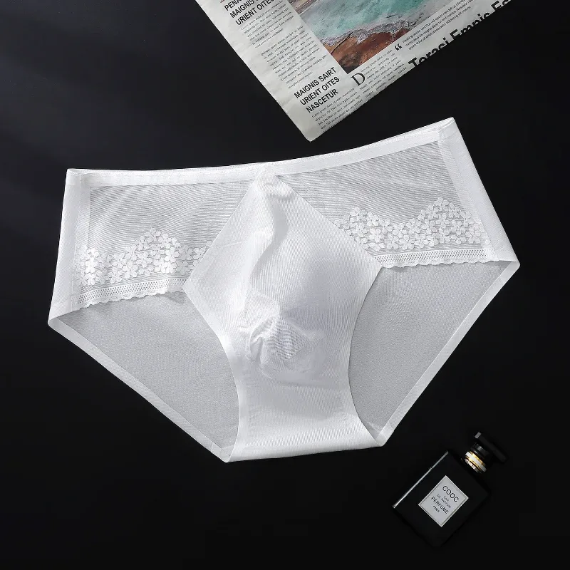 Men Briefs Summer Ultra-Thin Ice Silk Panties 3D Stamping Silk Splicing Lace See Through Underwear Seamless Sissy Underpants