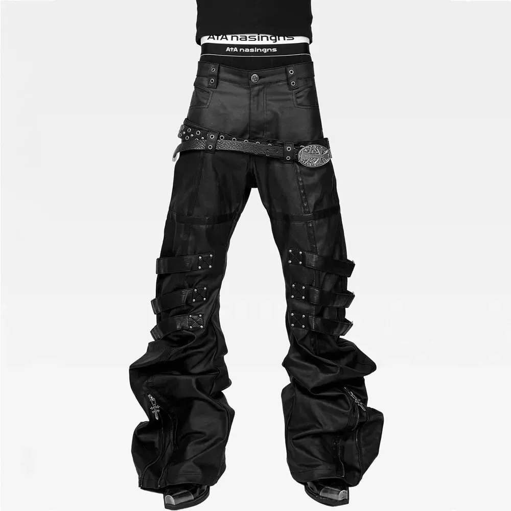 Men Women Wax Coated Skinny Stacked Jeans Double Waist Strap Buckle Patchwork Leather Gothic Punk Flared Curved Denim Pants