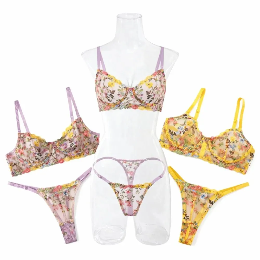 2-Piece Floral Lingerie Set Sheer Versatile Underwear Intimates Underwire Push-up Embroidery Bra Panty Set For Lady Girl