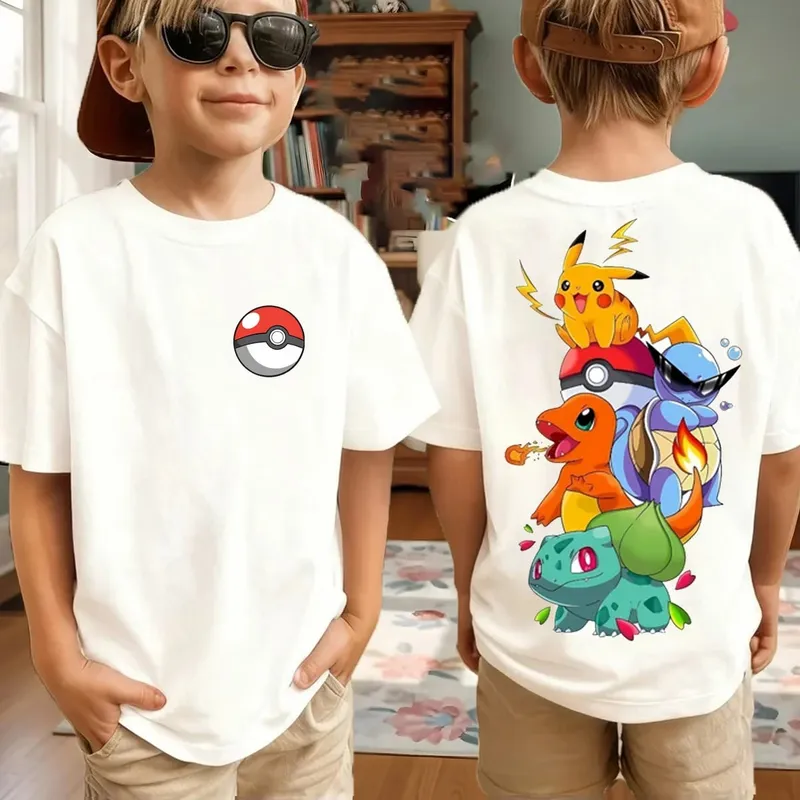 Summer Pokémon AnimeT-shirts Boys Pure Cotton Short-sleeved Top Casual Suitable for Both Boys and Girls Parent-child Outfits.