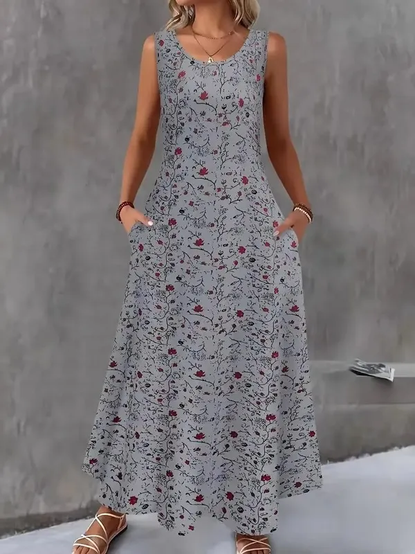 Women Summer Casual Sleeveless Floral Print Maxi Dress O Neck A-Line Long Dress With Pockets Loose Vestidos Beach Sundress