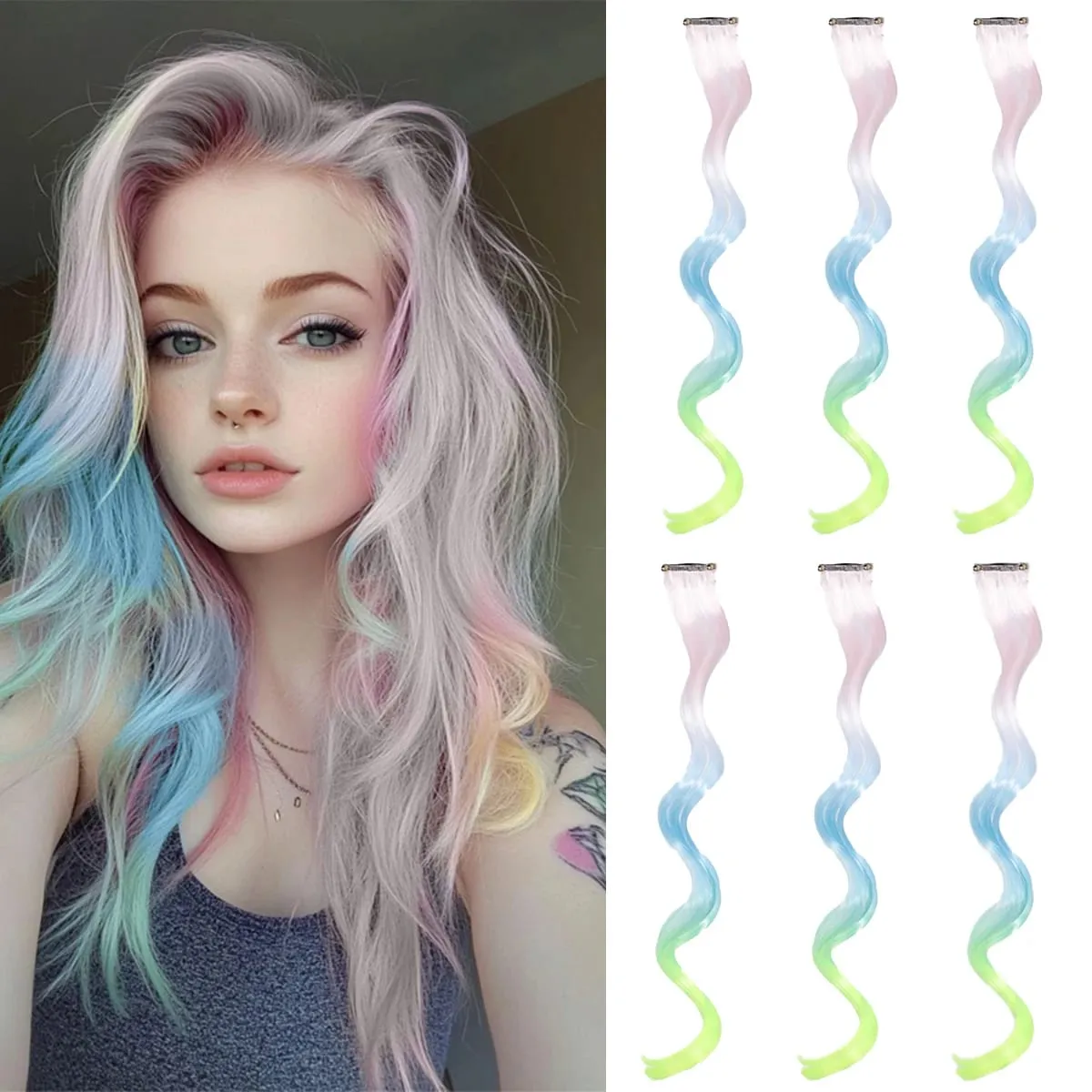 6PCS Ombre Clip In Hair Extensions Synthetic Body Wave Long Wavy Rainbow Highlight For Women Party Cosplay Festival Hair