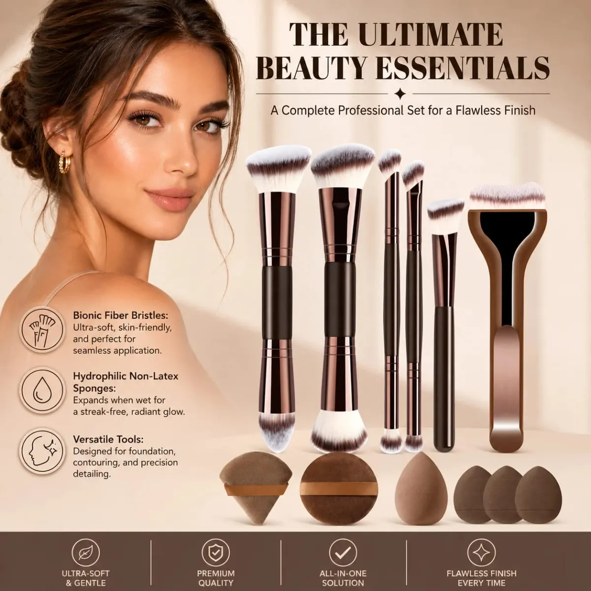 12-Piece Makeup Brush Set With 6 Flat and Round Brushes and 6 Sponges for Foundation Powder Blush and Eyeshadow