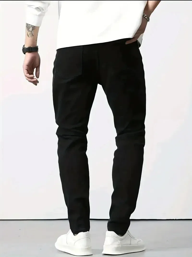 Men's New Slim Fit Stretch Cotton Jeans Ripped Casual Black Blue Denim Pencil Pants for Everyday Social Wear