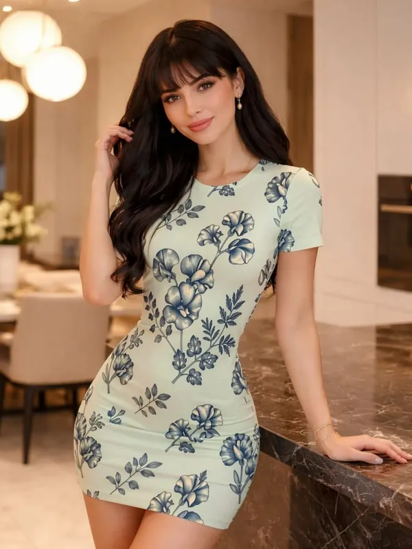 Womens Short Sleeve Bodycon Mini Dress Slim Fit Crew Neck Floral Print Casual Summer Party Slimming Flattering Vacation Sundress