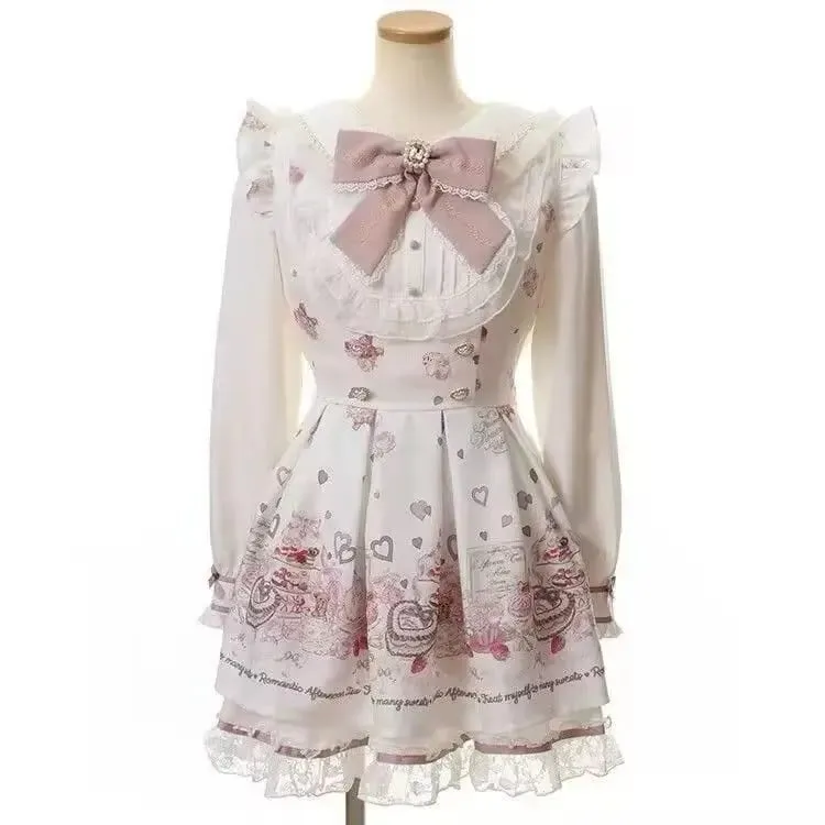 Sweet Lolita Style Lace Pearl Cute Print Shirt Dresses Japanese Kawaii Bow Dress Set Gothic Y2k Tea Party Women Dress 2025 New