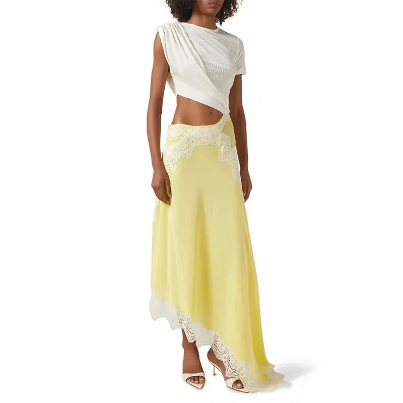Womens Dresses 2025 Spring Summer New Solid Color Hollow Waist Irregular Lace Splicing Round Neck Short Sleeve Casual Dress — image 8