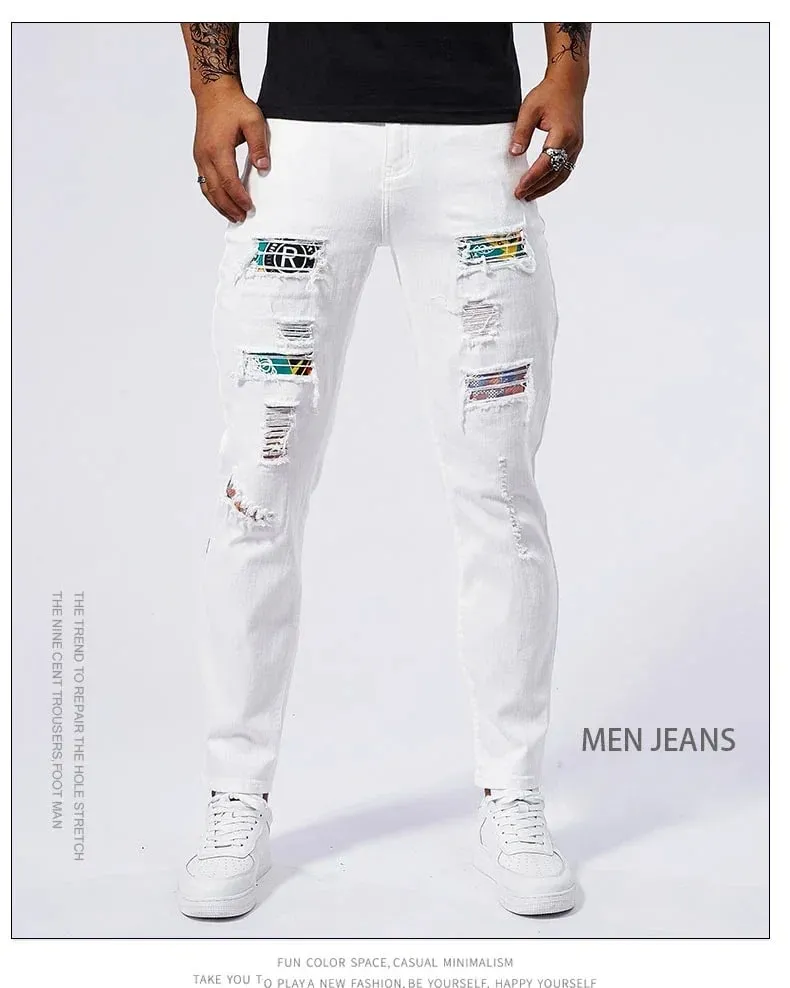 Witte 97% katoenen jeans herenkleding nieuwe gescheurde slanke patchwork mode gat skinny elasticiteit denim broek mannelijke streetwear — image 8