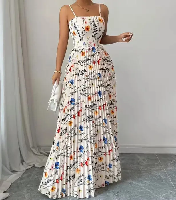 Elegant Floral Print Maxi Dress Women Summer Sexy Cami Slip Dress Casual Sleeveless A-Line Long Dresses Vintage Beach Vacation