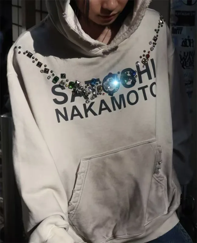 Autumn/Winter SN Necklace Letter Print Washed Vintage Hoodie High Street Casual Cotton Loose Sports Versatile Trendy Tops Men