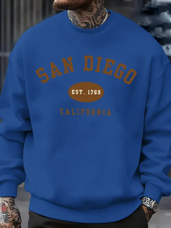 San Diego California Letter Printed Men Pullover Sweatshirts Soft Fleece Sweatshirt Crewneck Casual Clothes Oversized Streetwear