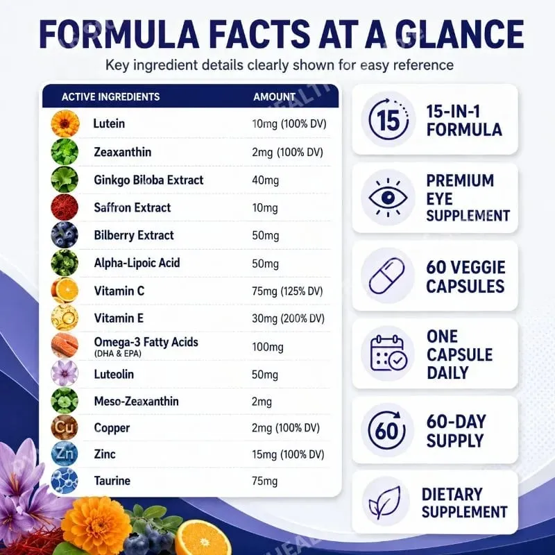 Premium 15-in-1 Advanced Eye Formula with Lutein Zeaxanthin Astaxanthin Bilberry & Saffron Supports Eye Wellness 60 Capsules