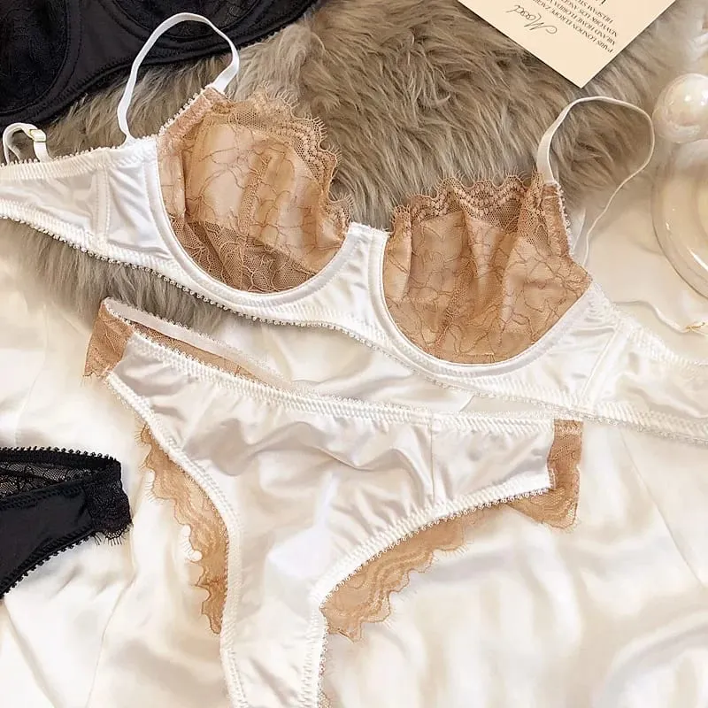 2 Keping Set Bra Renda Ultra Nipis Seksi Wanita Warna Splicing Pakaian Dalam Sutera Perancis Bernafas dan Seluar Dalam Pakaian Dalam Intim