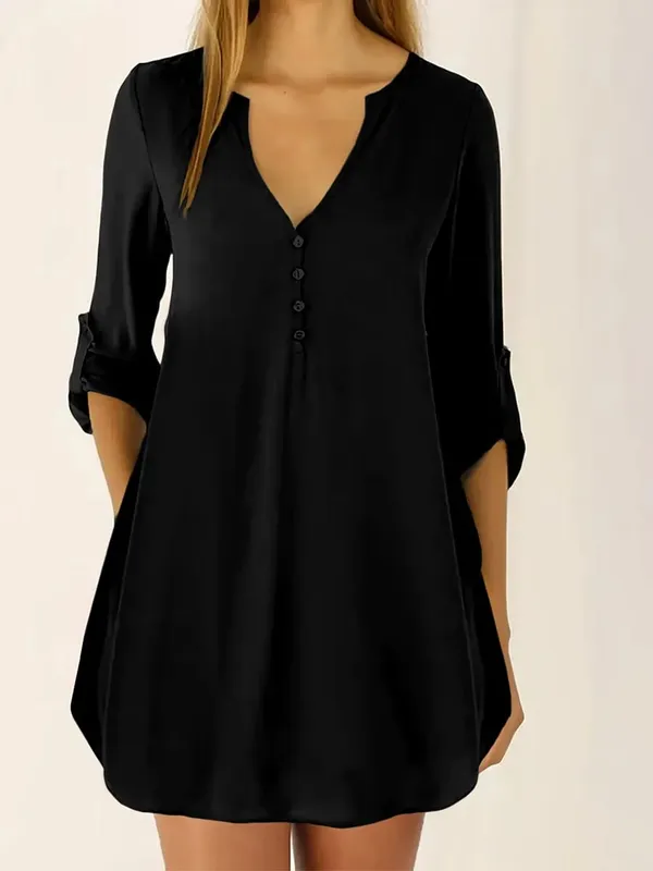 Women Casual V Neck Loose Mini Dress Elegant Button Down 3/4 Roll-Up Sleeve Khaki Solid Color Plain Shirt Dresses