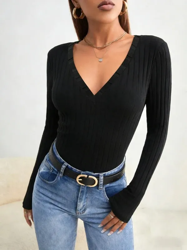 Women Black Ribbed Knit V Neck Long Sleeve Bodysuit Casual Slim Fit Form Fitting Jumpsuit For Daily Wear Streetwear & Elegant St