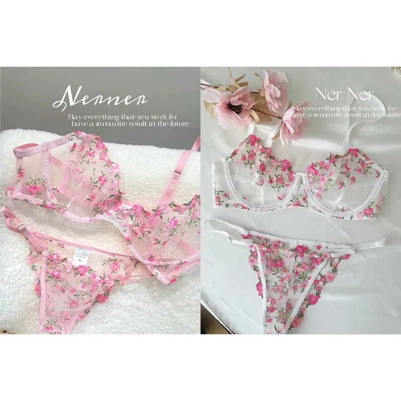 Transparent Floral Lace Embroidery Bra Set Summer Thin Minimizer Underwear Soft Breathable Full Bust Female Home Daily Wear S-XL
