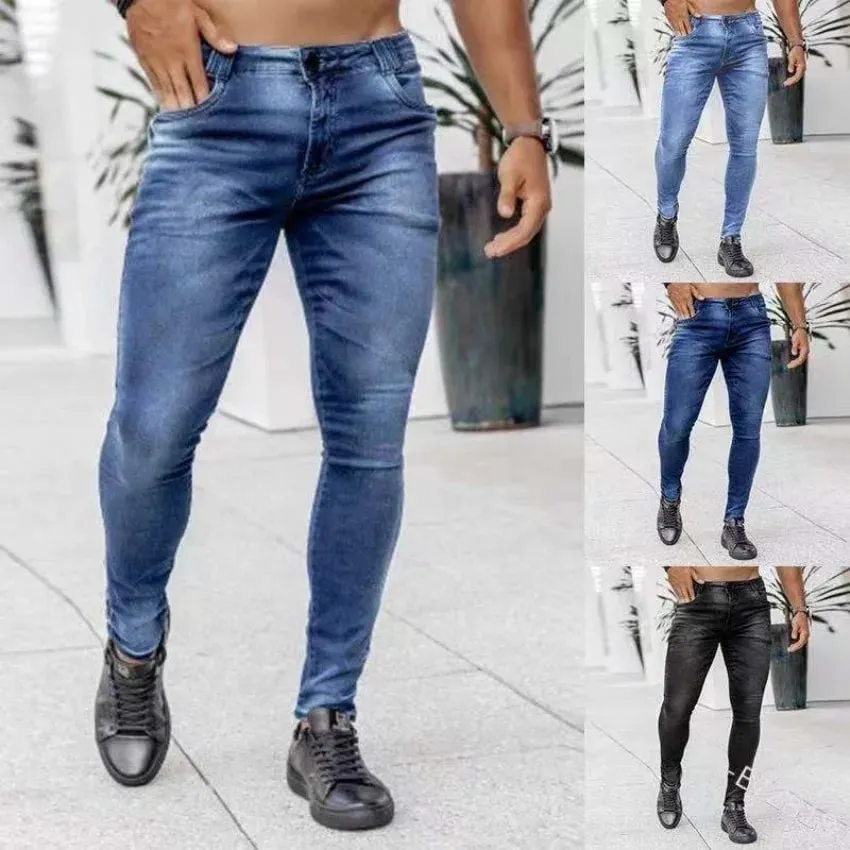 Men High Waist Skinny Jeans Stretch Pencil Pants Solid Color Ins Trendy Street Slim Fit Denim Trousers Male Casual Pants