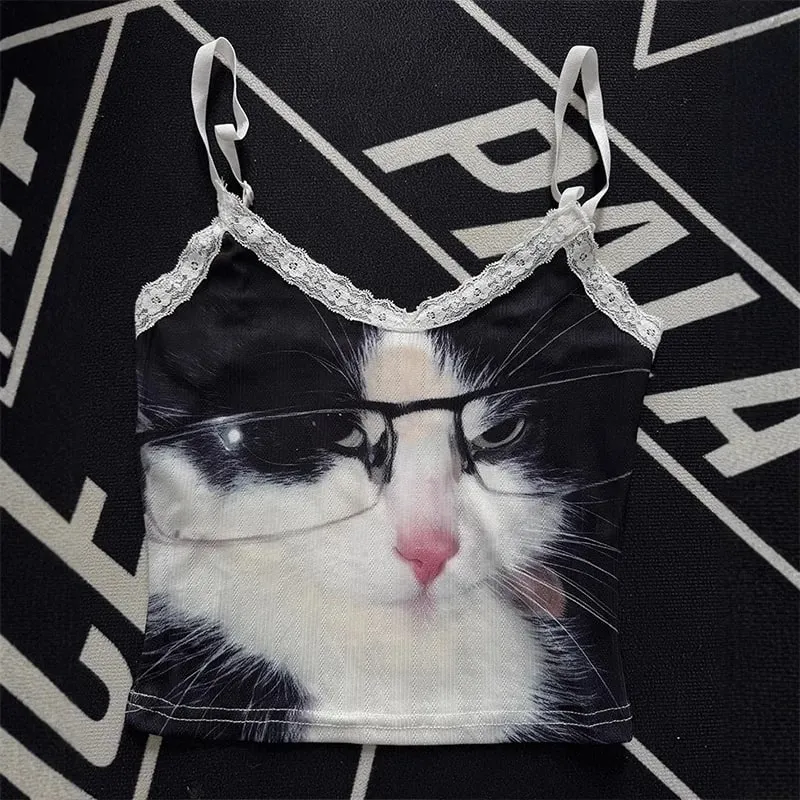 Women Lace Trim Spaghetti Strap Cami Top Cute Glasses Cat Print Slim Y2K Coquette Summer Sleeveless Crop Tank Top
