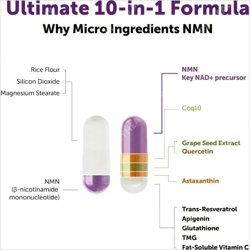 NMN-Kapseln 1000 mg pro Portion mit Resveratrol CoQ10, Vitamin C, vegane Formel, tägliche Wellness-Ergänzung, saubere Inhaltsstoffe, 120 ct