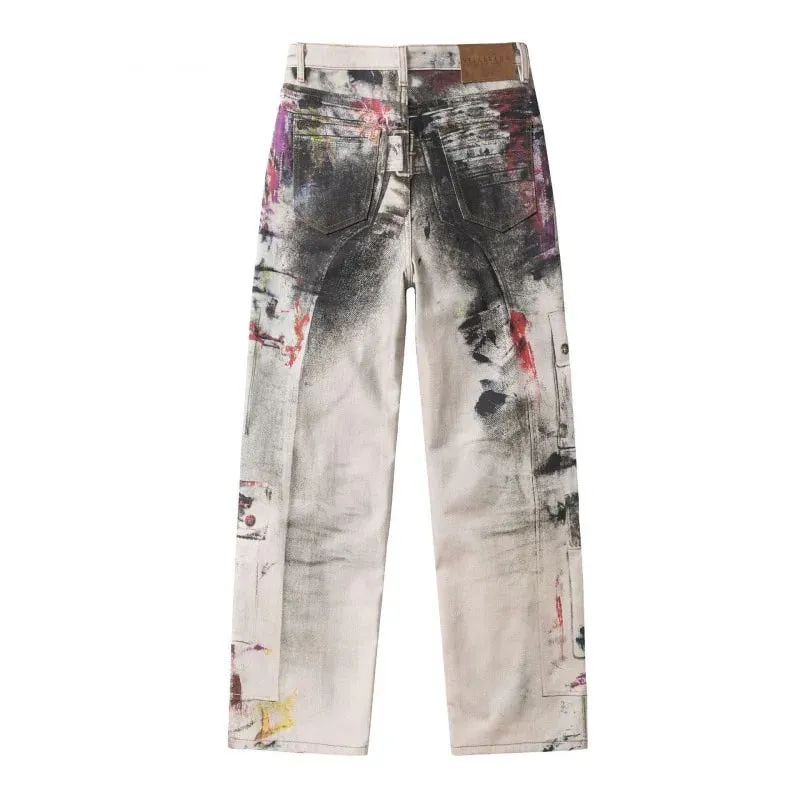 Y2K American New Mens Denim Pants Streetwear Hip Hop Tie Dye Jeans Fashion Harajuku Man Motorcycle Jeans Techwear Pantalon Homme