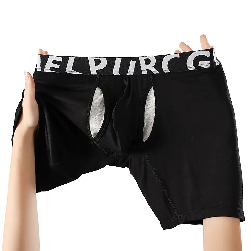Men's Long Leg Cotton Boxer Briefs with Scrotum Pouch Anti-Chafing U Convex Separation Sports Underwear for Comfort