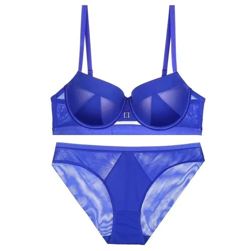 high quality sexy mesh women bras and brief two piece set push up B C D cup wire summer lingerie underwear black blue