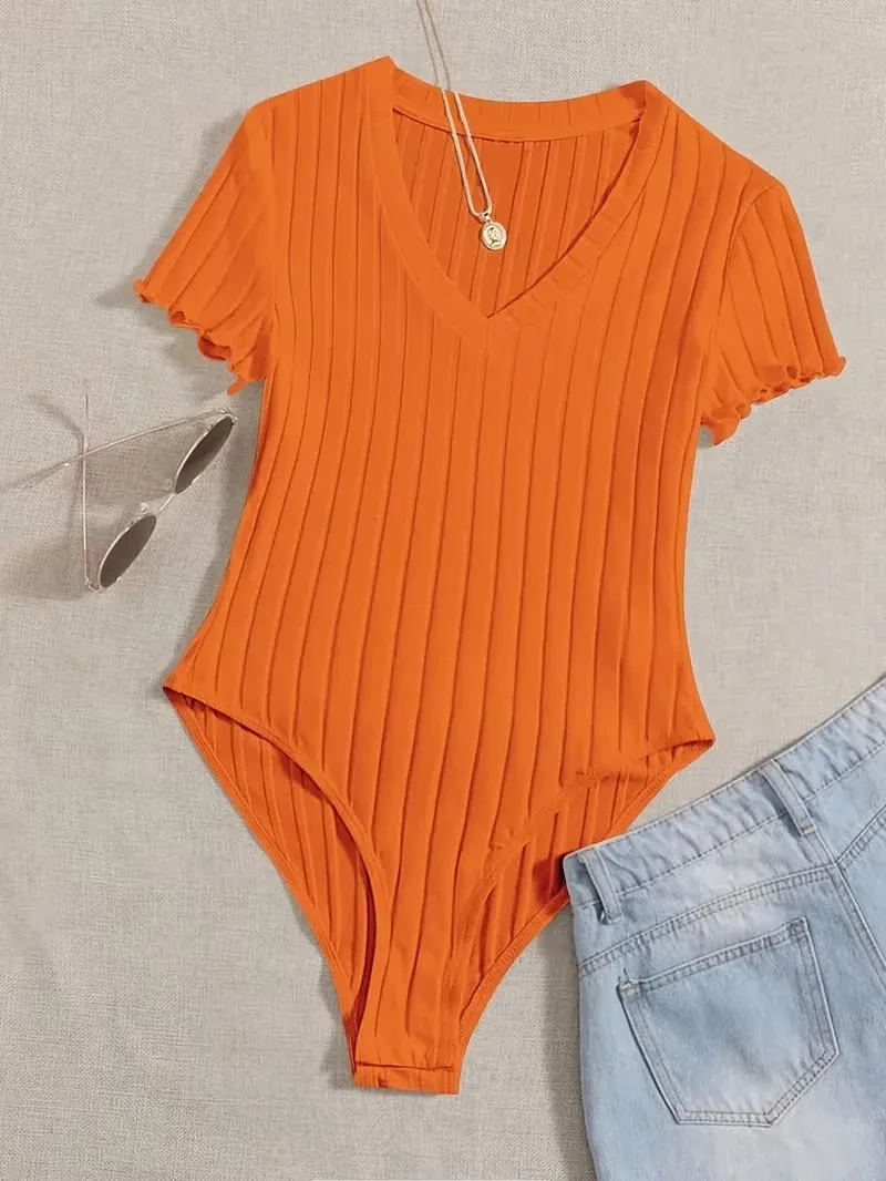 Lettuce Trim Ribbed Bodysuit Women's Sleeveless High Waist Bottom Control Shapewear for Slimming Effect