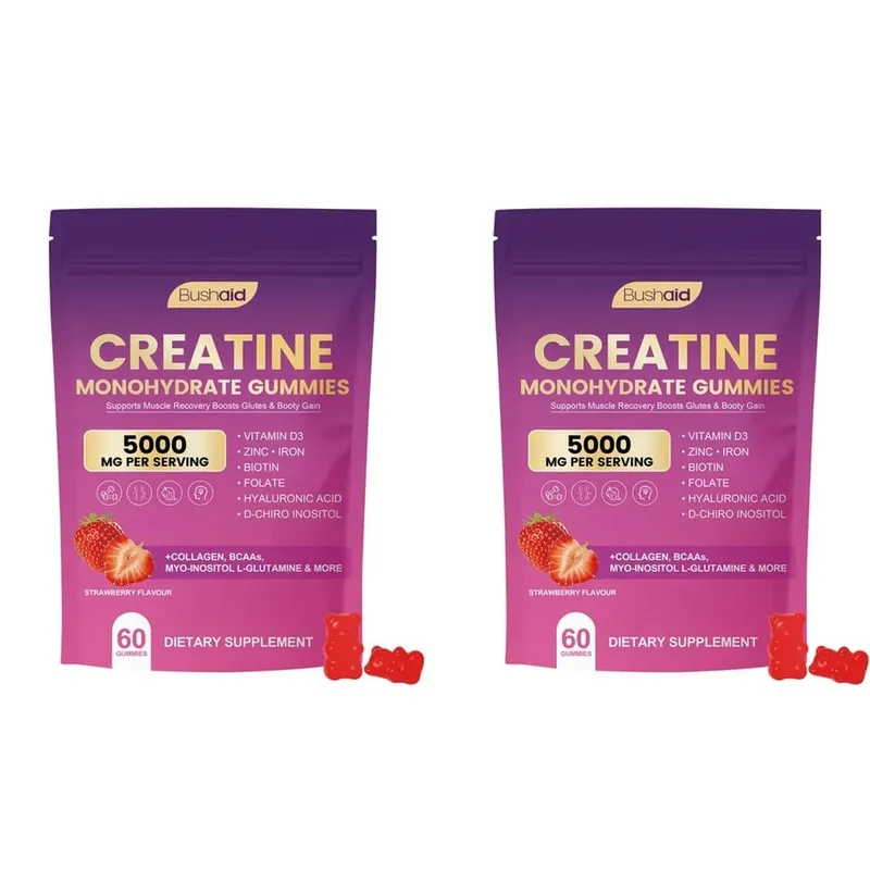 BushAid Creatine Monohydrate Gummies for Post-Workout Muscle Recovery with Multi-Collagen Blend BCAA and Zinc 60 Gummies