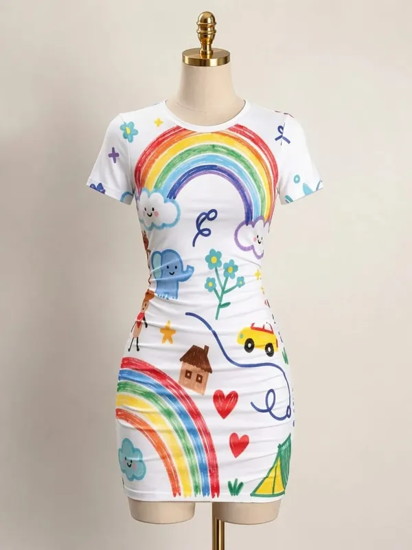 Womens Short Sleeve Bodycon Mini Dress Slim Fit Crew Neck Floral Print Casual Summer Party Cute Comfy Vacation Vacation Sundress