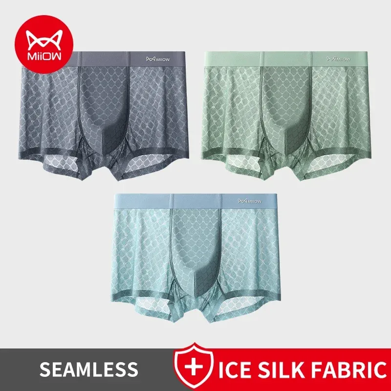 MiiOW 3 pièces sans couture glace soie hommes caleçon boxeur été respirant maille hommes culottes antibactérien homme caleçons boxeurs slips