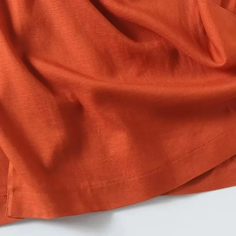 Maxdutti Nordic Minimalism Fesyen Elegan Midi Pakaian Wanita Kapas Linen Kolar Bulat Pakaian Musim Panas Kasual