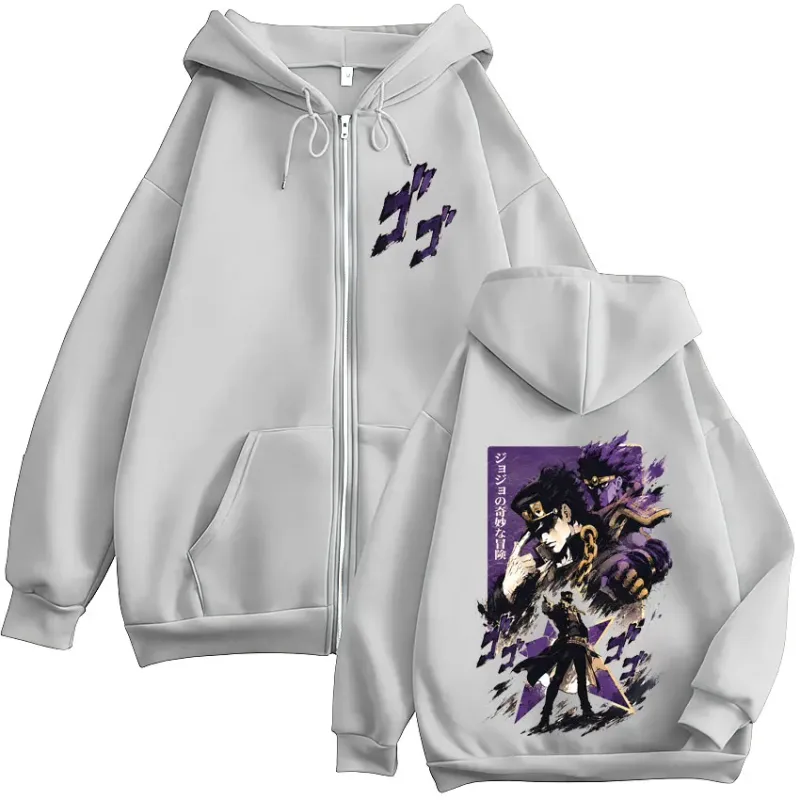 Anime JoJo Bizarre Adventure Kujo Jotaro Zipper Hoodies Men Women Clothing Fashion Casual Zip Up Hooded Sweatshirts Jackets Coat