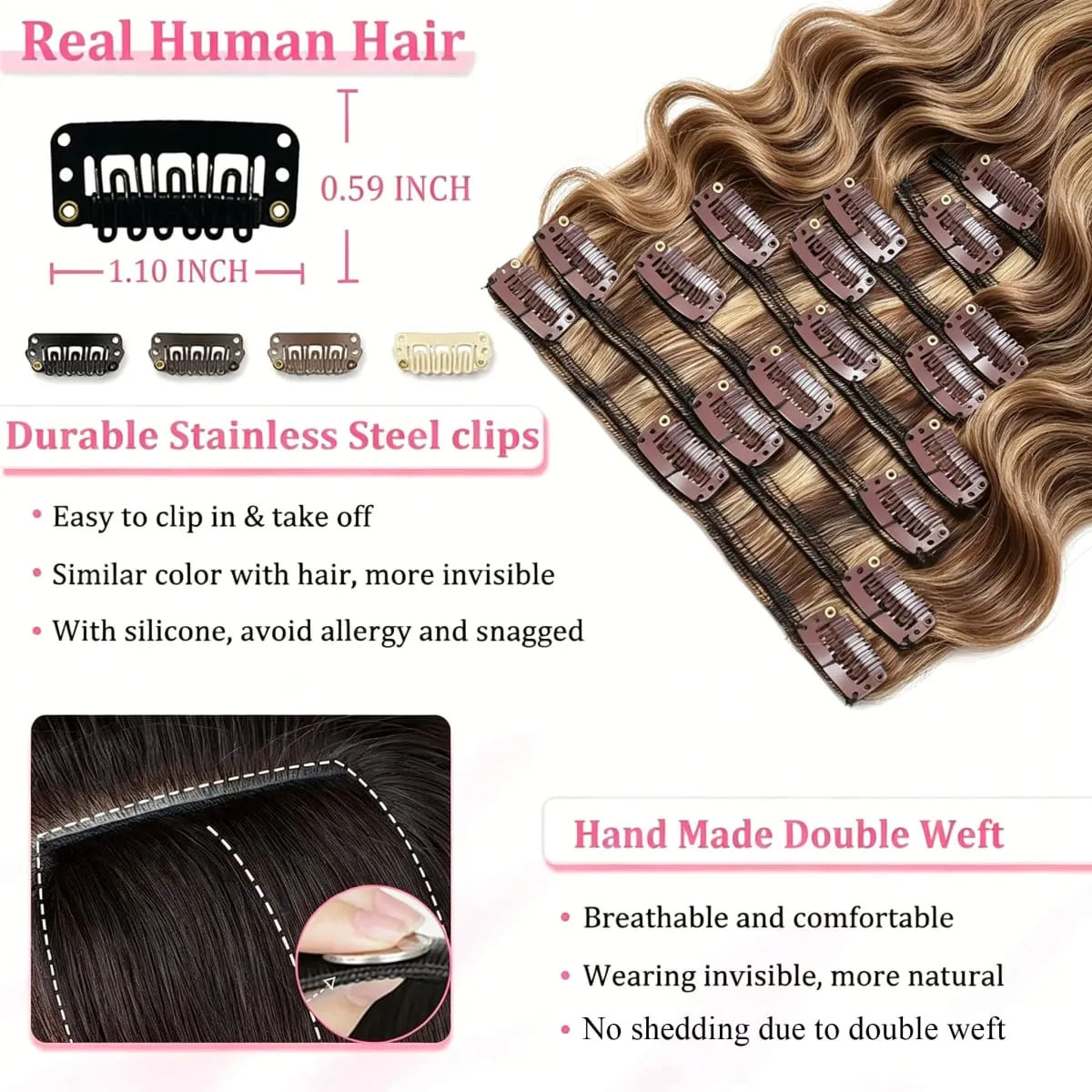 Highlight 4/27 Body Wave Clip In Hair Extensions 100% Human Hair 120g/8pcs Full Head Clip Ins Human Hair Extensions For Woman