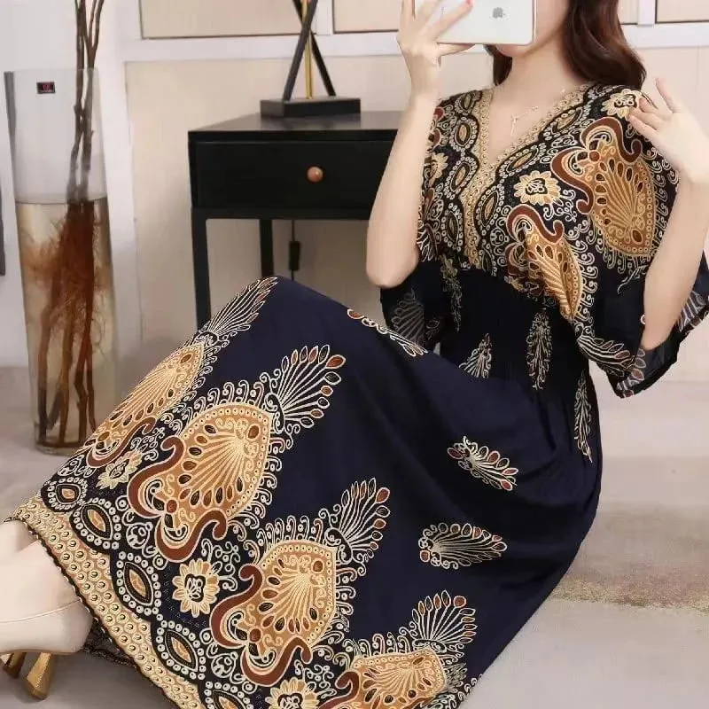 Na co dzień elegancki retro czeski styl narodowy dekolt w serek w pasie duża huśtawka z nadrukiem letnia długa spódnica kobieca sukienka ubrania