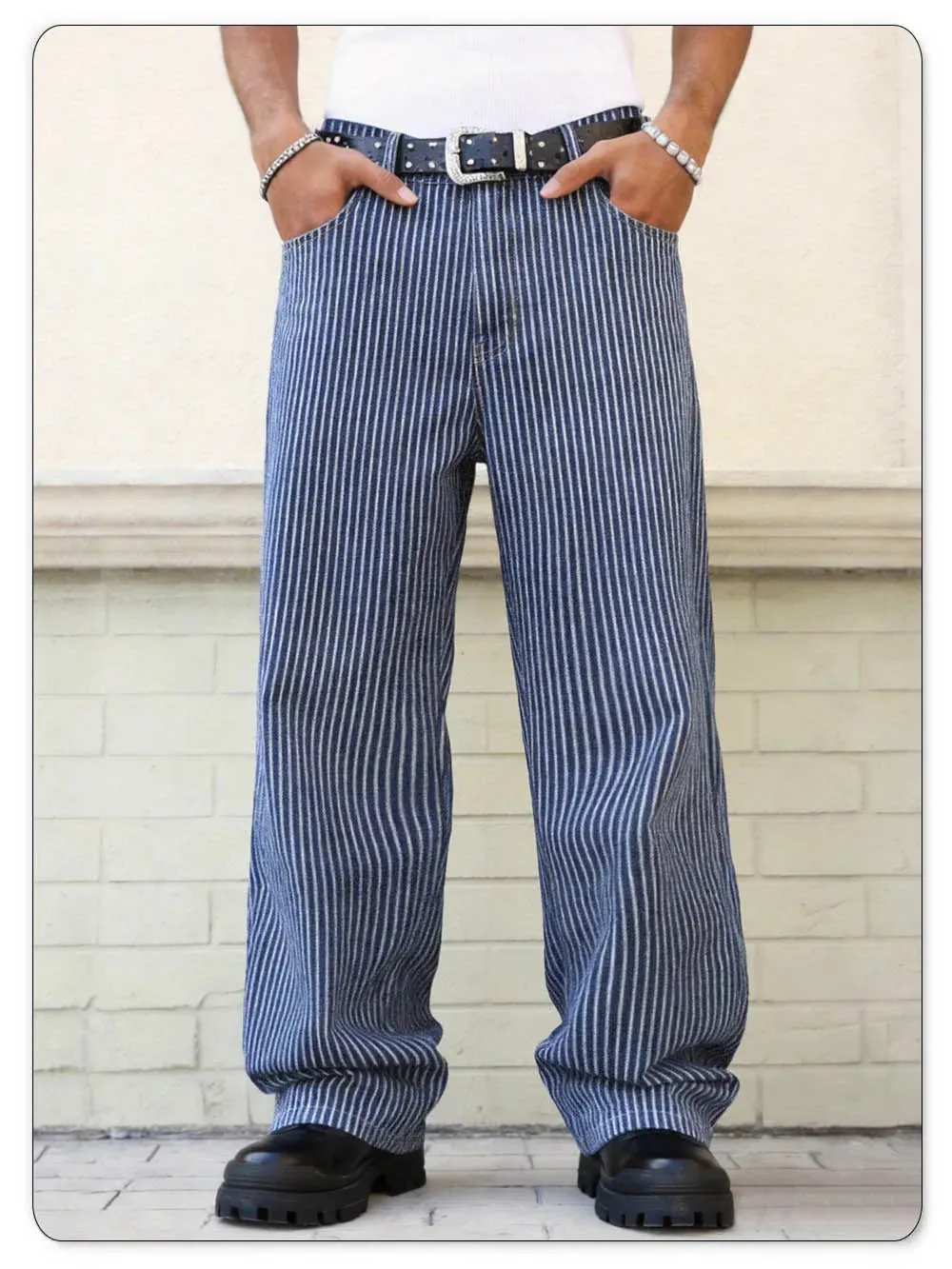 Men's American Fashion Brand Classic Retro Striped High Street Casual Lazy Business Wide Leg Straight Leg Jeans Oversized