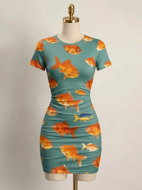 Womens Short Sleeve Bodycon Mini Dress Slim Fit Crew Neck Floral Print Casual Summer Party Cute Elegant Brunch Vacation Sundress