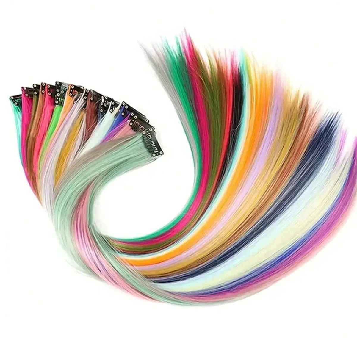 Synthetic Colored Clip In Hair Extensions Straight Highlight Hair Streaks Rainbow Hanging Hair Pieces Hairpiece For Women Party