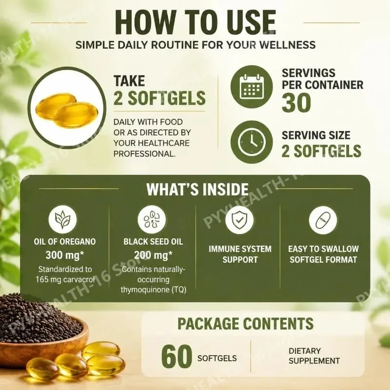 Oil of Oregano Softgels 6000mg with Black Seed Oil for Immune System & Digestive Support Soy-Free Gluten-Free 60 Softgels